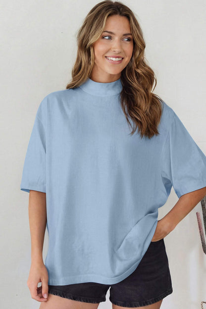 Dark Blue Solid Color High Neck Oversize Tee