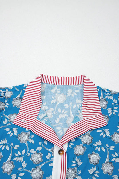 Blue Retro Floral Print Striped Trim Button Neck Short Sleeve Blouse - Sweet Fashion Wholesale