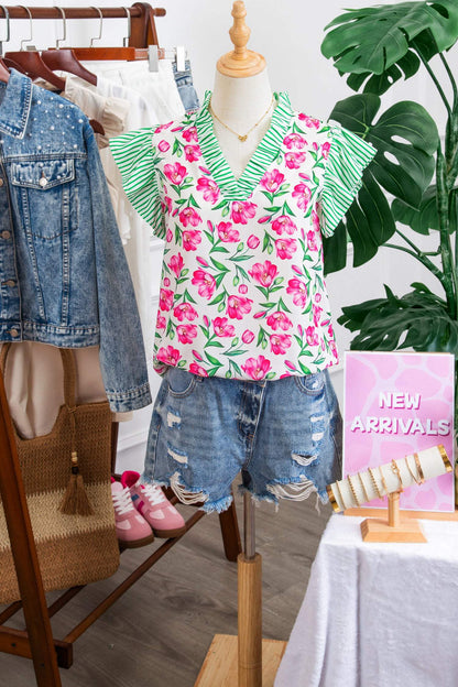 Multicolour Sweet Floral Print Striped Ruffle Trim V Neck Blouse