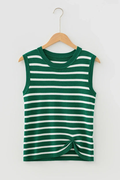 Green Stripe Crew Neck Sleeveless Sweater Vest