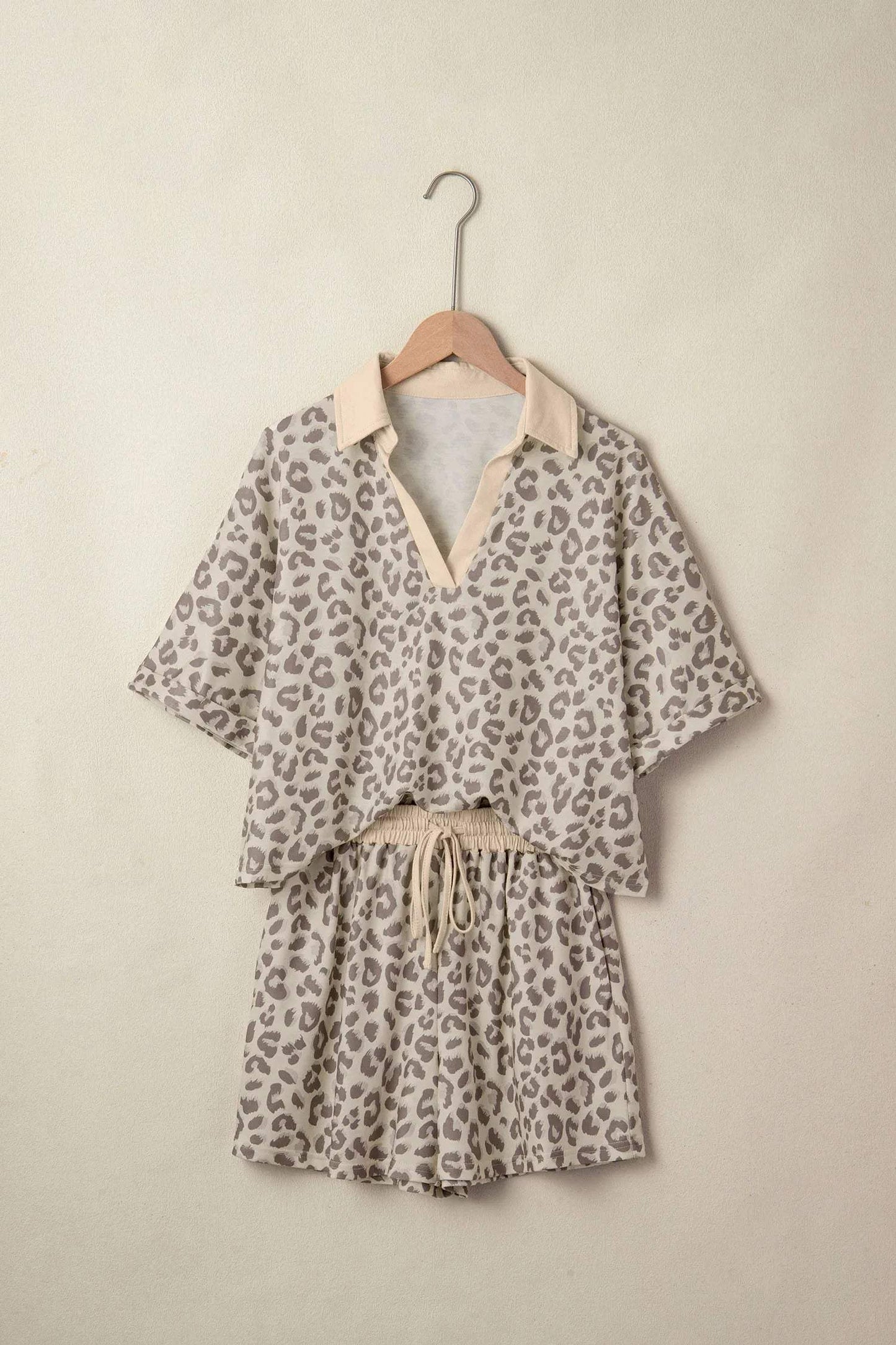 Khaki V Neck Collar Leopard Printed 2pcs Short Set