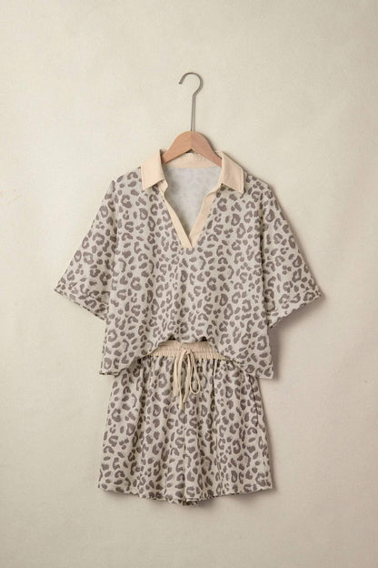 Khaki V Neck Collar Leopard Printed 2pcs Short Set