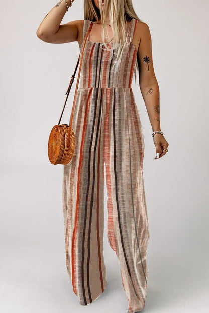 Yellow Stripe Square Neck Sleeveless Smocked Bodice Wide Leg Jumpsuit - Sweet Fashion Wholesale