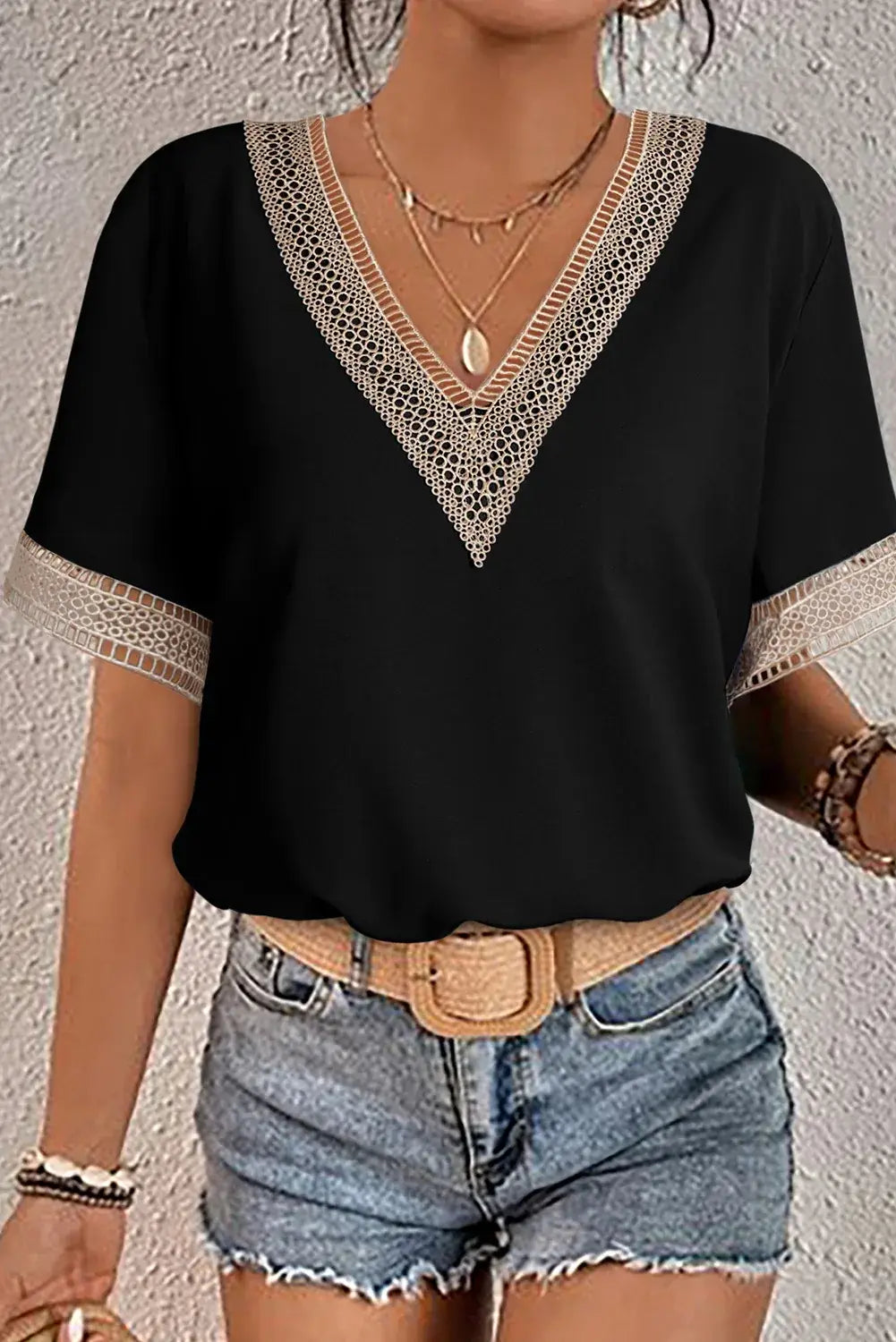 Green Lace Trim V Neck Short Sleeve Blouse - Sweet Fashion Wholesale
