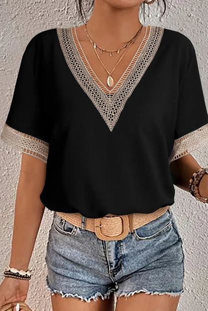 Green Lace Trim V Neck Short Sleeve Blouse - Sweet Fashion Wholesale