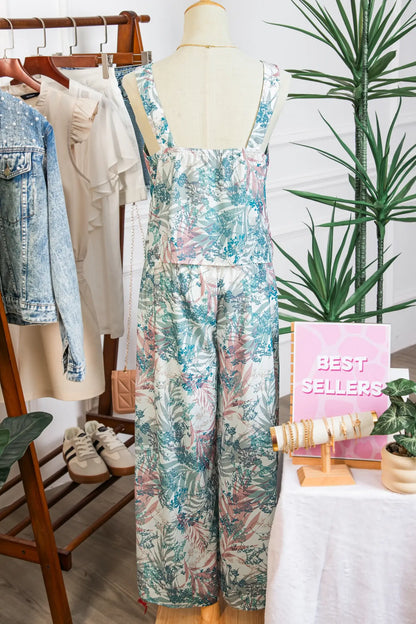 Green Tropical Palm Printed Cropped Tank Drawstring Wide Leg Pant Set - Sweet Fashion Wholesale