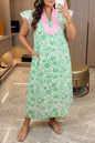 Green Plus Size Contrast Trim Flutter Sleeve Floral Kaftan Maxi Dress