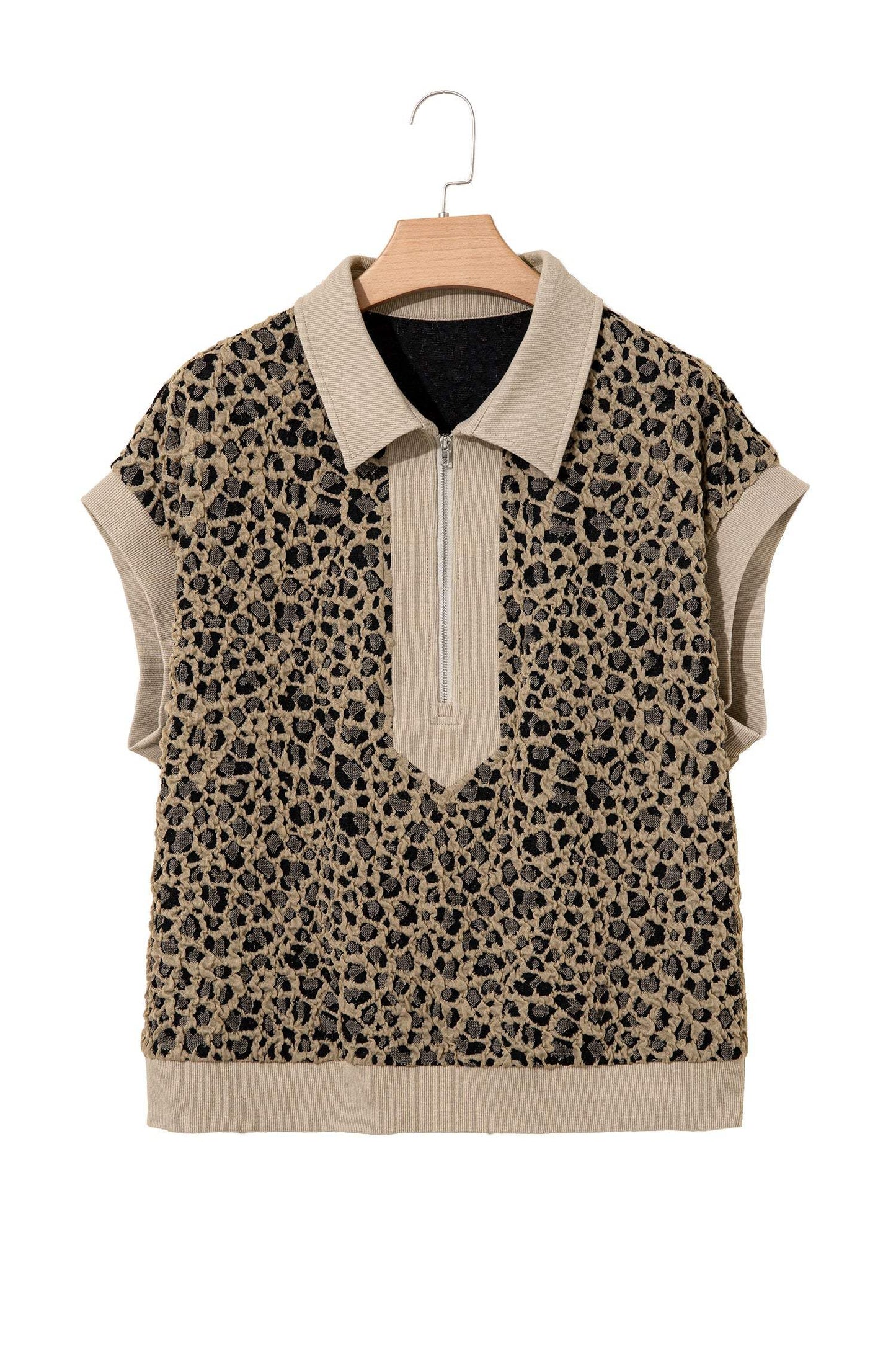 Beige Ribbed Patchwork Collar Cuffed Sleeve Leopard Plus Top
