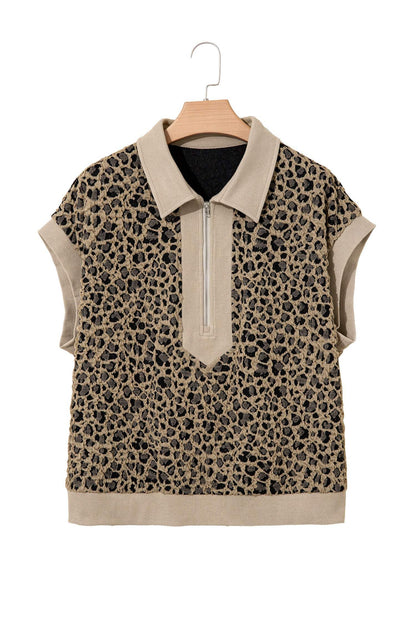 Beige Ribbed Patchwork Collar Cuffed Sleeve Leopard Plus Top
