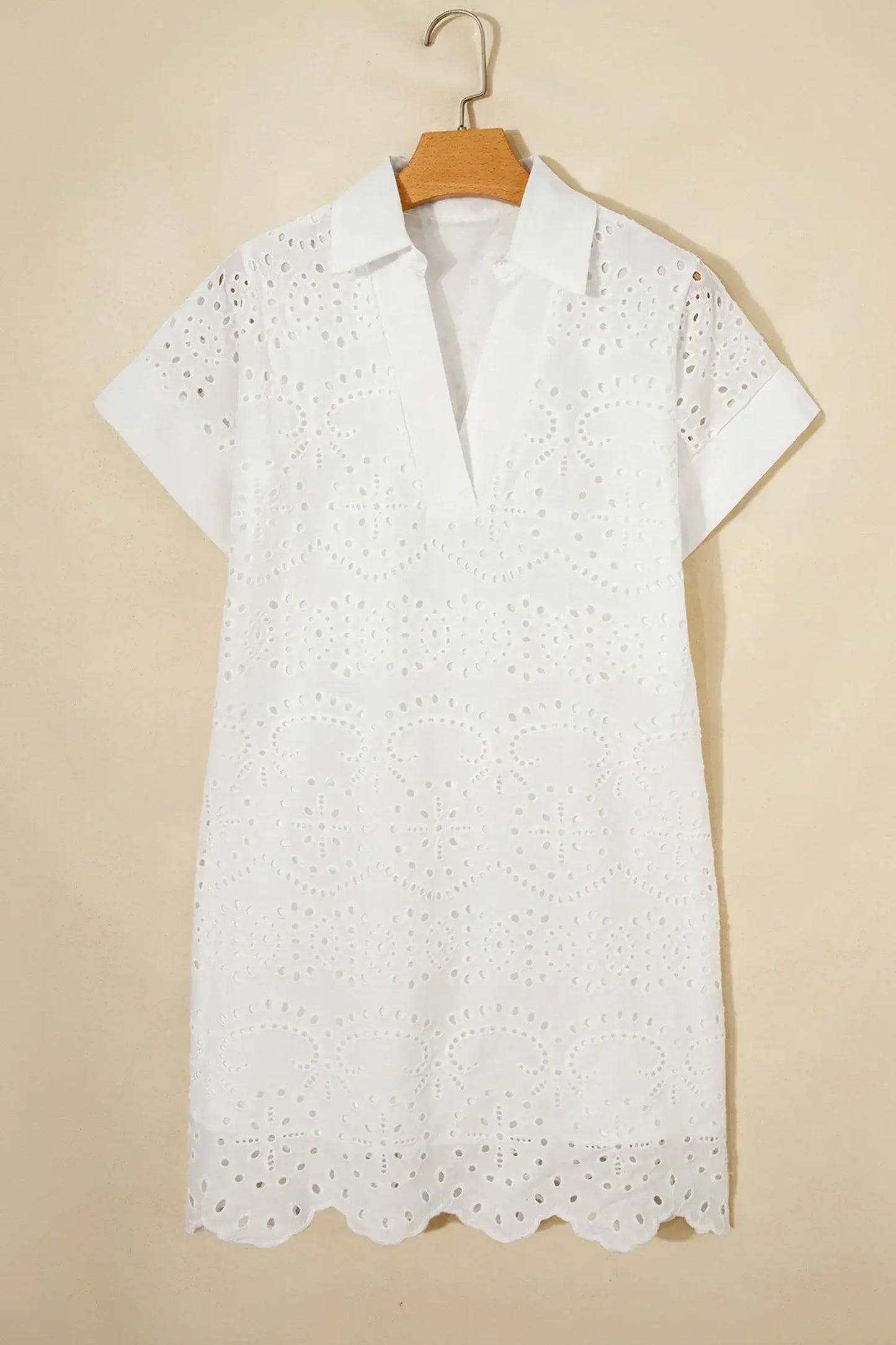 White Solid Color Eyelet Embroidered T Shirt Mini Dress - Sweet Fashion Wholesale