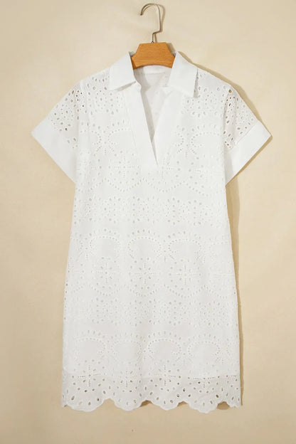 White Solid Color Eyelet Embroidered T Shirt Mini Dress - Sweet Fashion Wholesale
