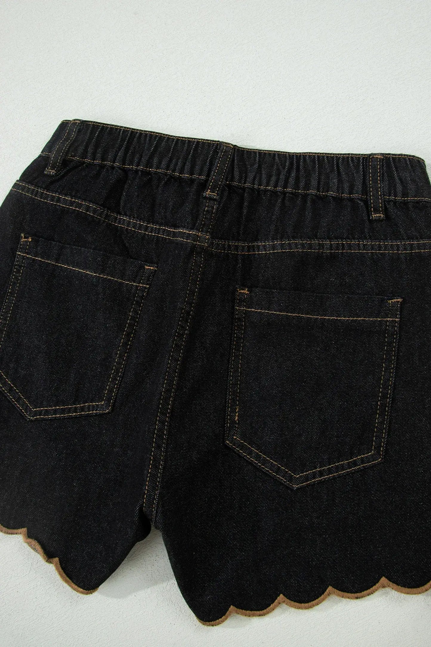 Navy Blue Embroidered Scalloped Trim Relaxed Denim Shorts - Sweet Fashion Wholesale