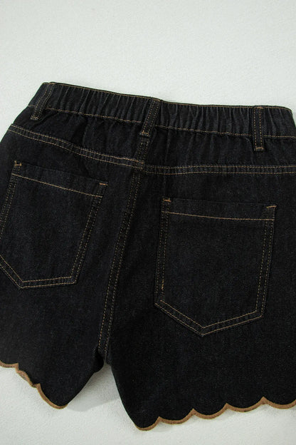 Navy Blue Embroidered Scalloped Trim Relaxed Denim Shorts - Sweet Fashion Wholesale