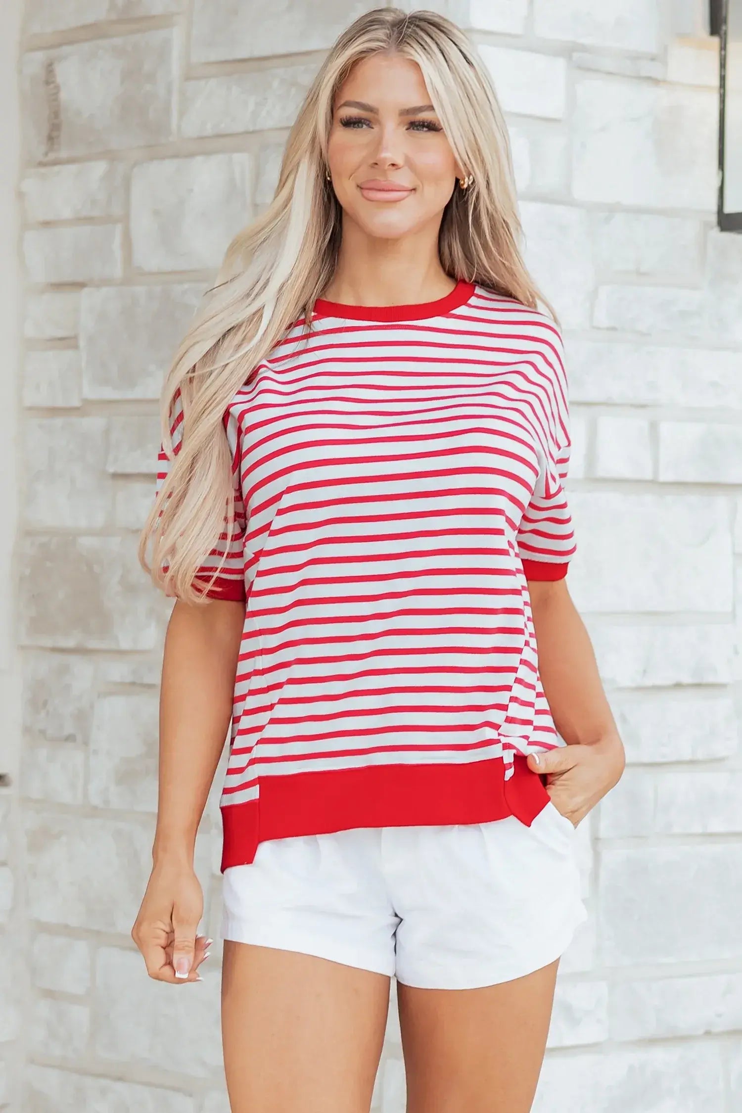 Red Stripe Drop Shoulder Half Sleeve T Shirt - Sweet Fashion Wholesale