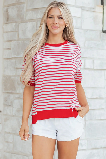 Red Stripe Drop Shoulder Half Sleeve T Shirt - Sweet Fashion Wholesale