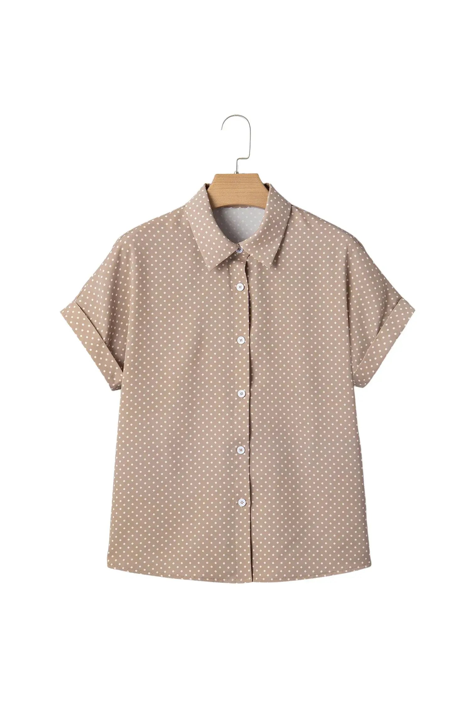 Khaki Dotted Print Cuffed Short Sleeve Shirt - Sweet Fashion Wholesale