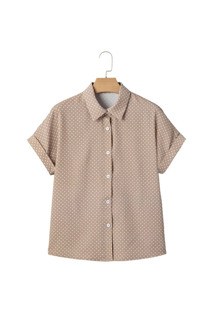 Khaki Dotted Print Cuffed Short Sleeve Shirt - Sweet Fashion Wholesale