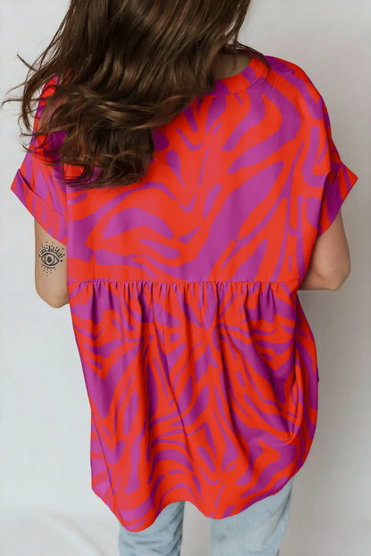 Multicolour Abstract Print V Neck Cuffed Short Sleeve Shift Slit Blouse - Sweet Fashion Wholesale