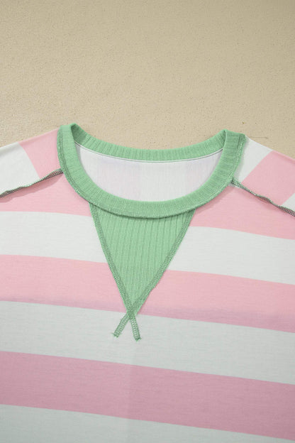 Green Stripe Exposed Seam Ribbed Patchwork Oversized Tee