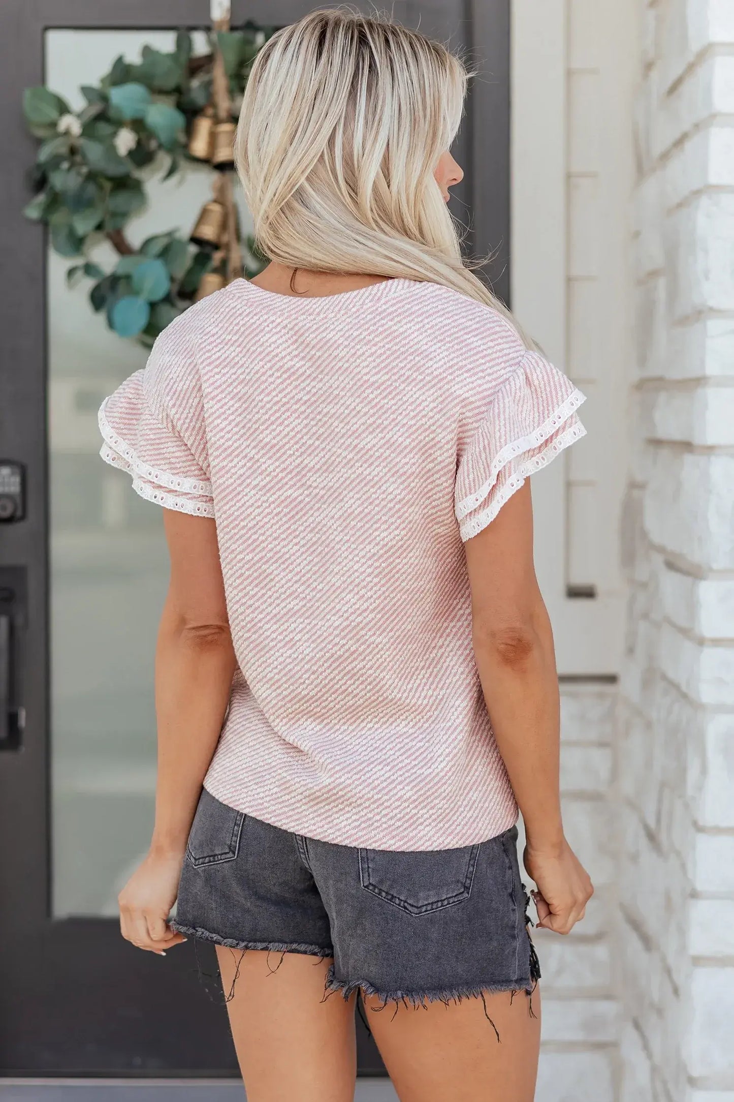 Light Pink Twilled Print Lace Trim Ruffled Short Sleeve Blouse - Sweet Fashion Wholesale