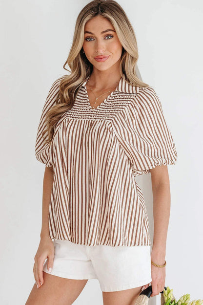 Brown Stripe Shirred V Neck Short Puff Sleeve Blouse - Sweet Fashion Wholesale