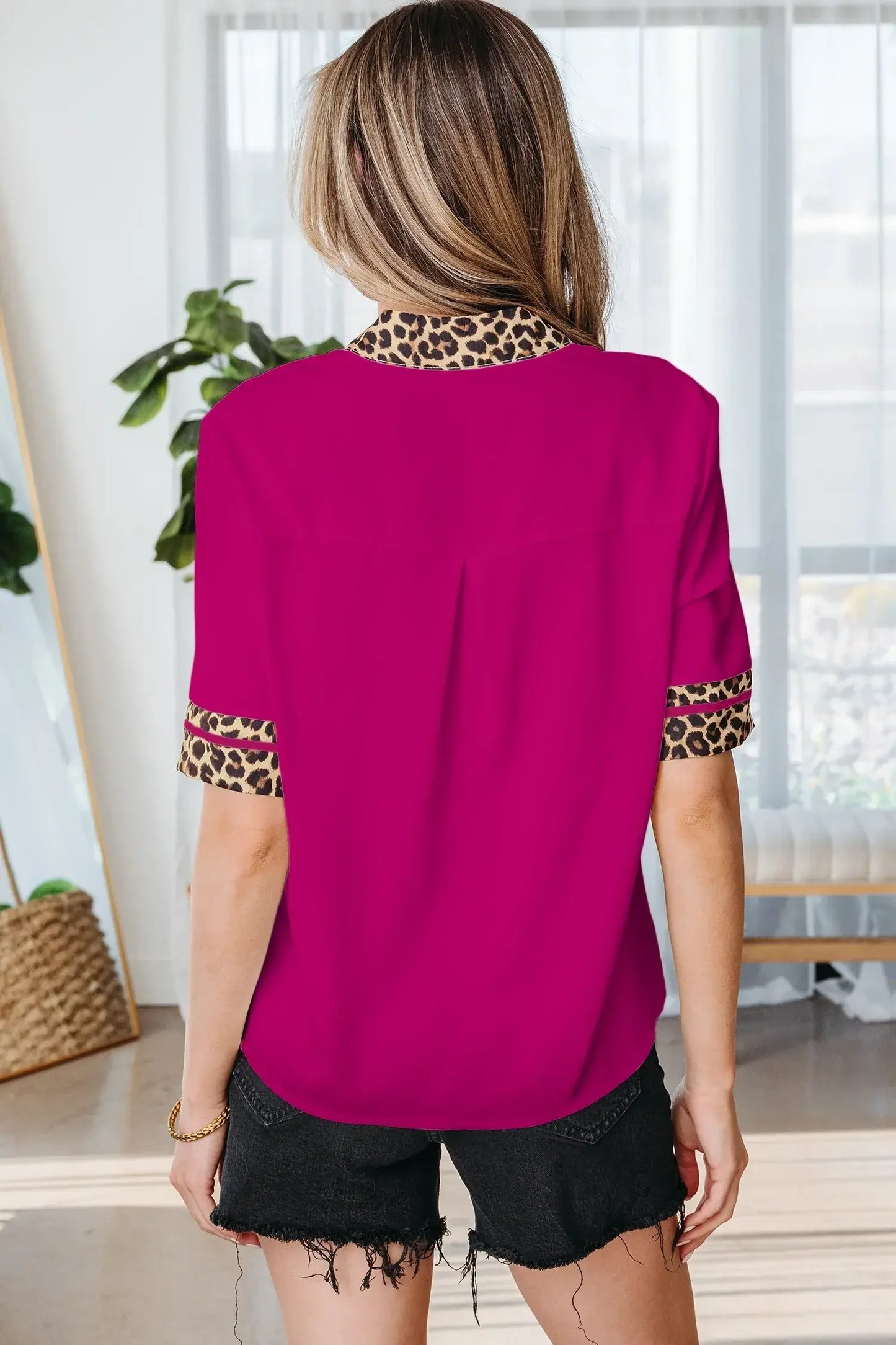 Violet Leopard Patchwork Trim Split Neck Short Sleeve Blouse - Sweet Fashion Wholesale