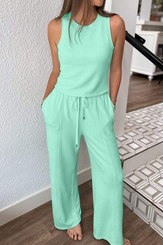 Moonlight Jade Drawstring Elastic Waistband Solid Color Two Piece Casual Set