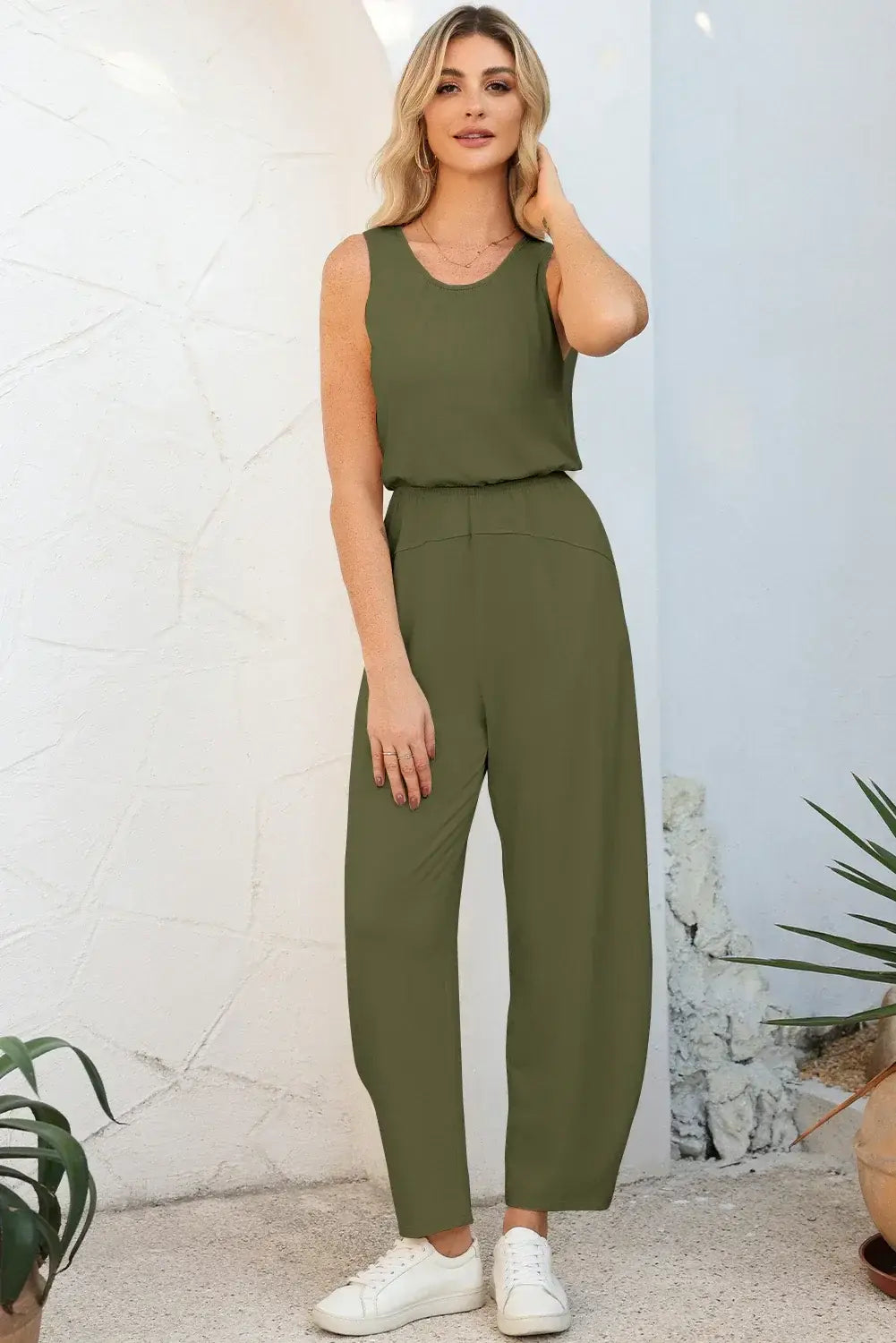Four Leaf Clover Solid Color Pleated Detail Elastic Waist Sleeveless Jumpsuit - Sweet Fashion Wholesale