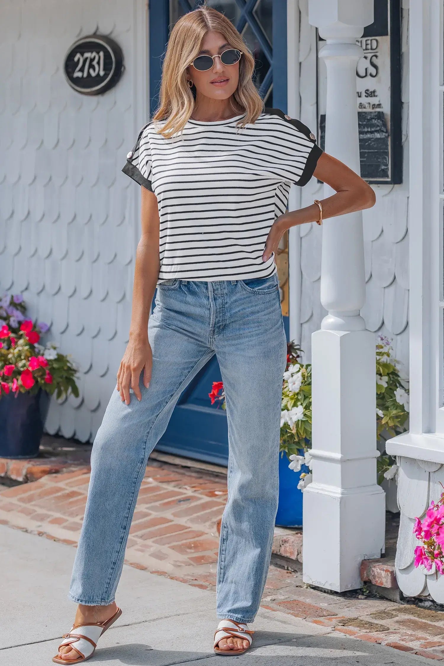 Black Stripe Cuffed Sleeve Button Detail Loose Tee - Sweet Fashion Wholesale