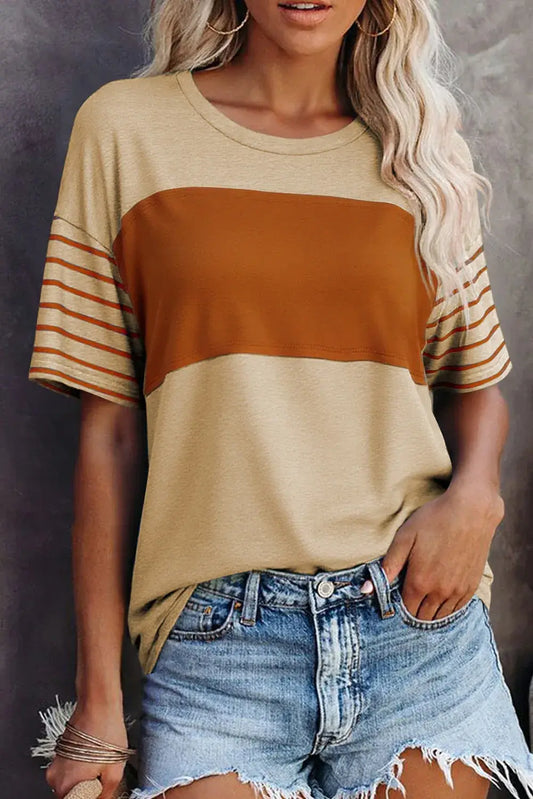 Tan Color Block Striped Detail Loose T Shirt - Sweet Fashion Wholesale