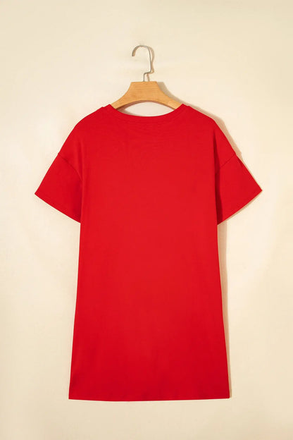 Fiery Red Sequin Trim Stars and Stripes Bow Patched T Shirt Mini Dress - Sweet Fashion Wholesale