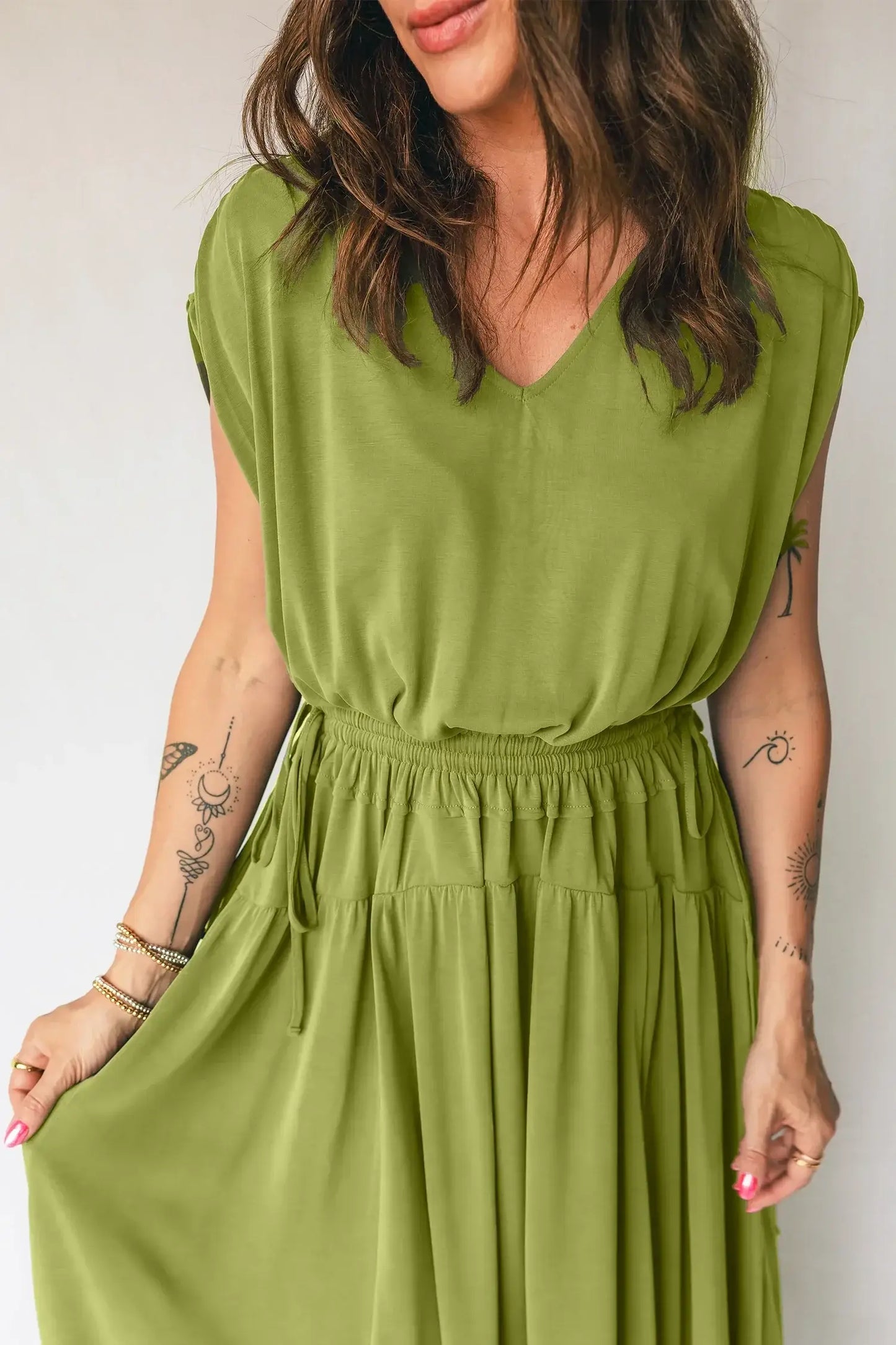 Fern Green Solid V Neck Cap Sleeve Tunic Elastic Waist Versatile Maxi Dress - Sweet Fashion Wholesale