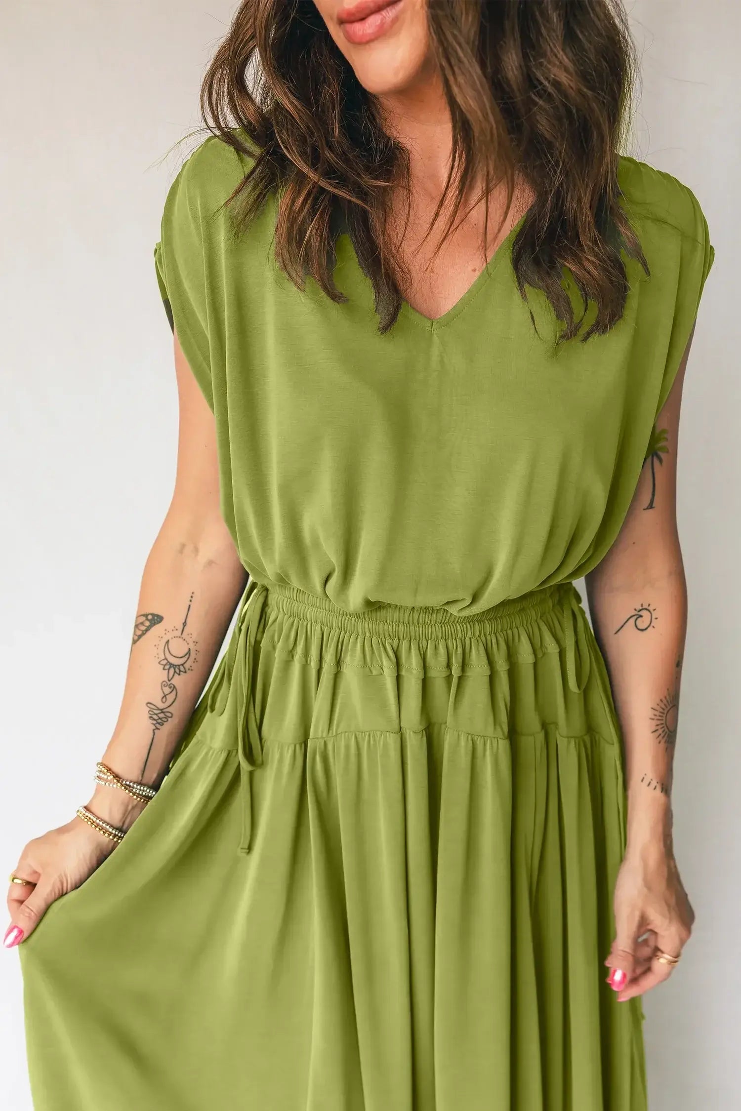 Fern Green Solid V Neck Cap Sleeve Tunic Elastic Waist Versatile Maxi Dress - Sweet Fashion Wholesale