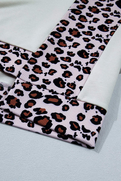 White Ribbed Leopard Patchwork Uneven Hem T Shirt