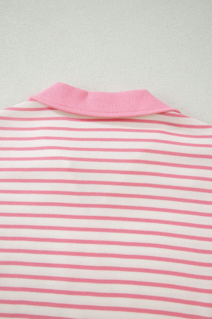 Pink Stripe Color Block Patchwork Polo Tee Drawstring Elastic Waist 2pcs Skort Set