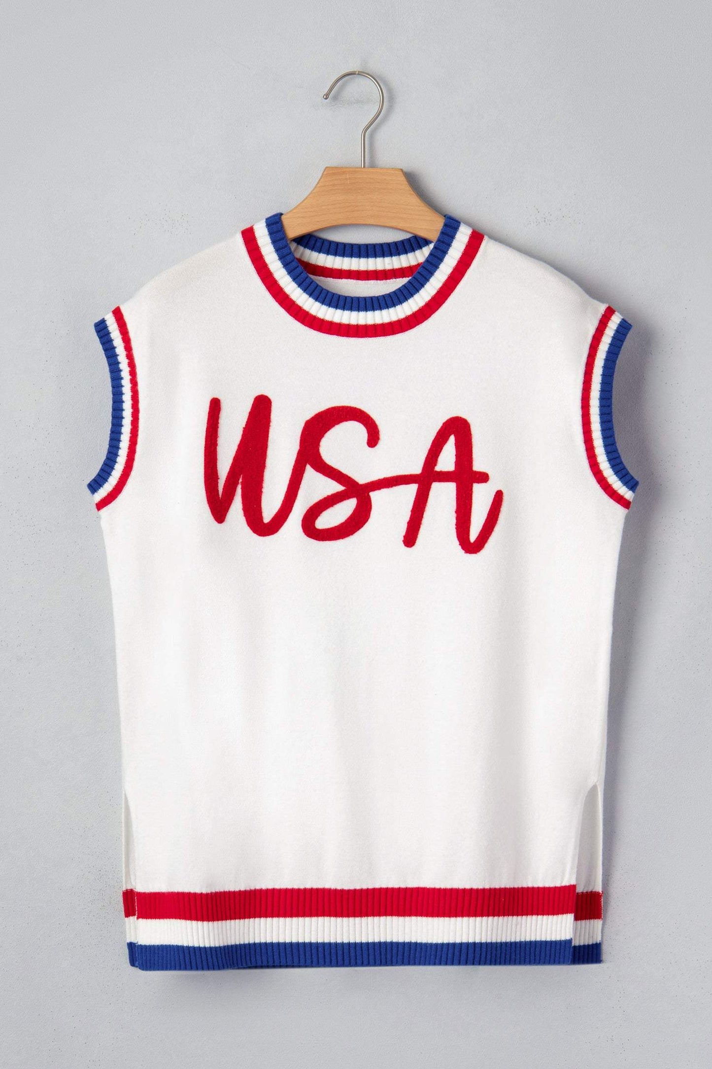 White USA Contrast Striped Trim Round Neck Short Sleeve Sweater