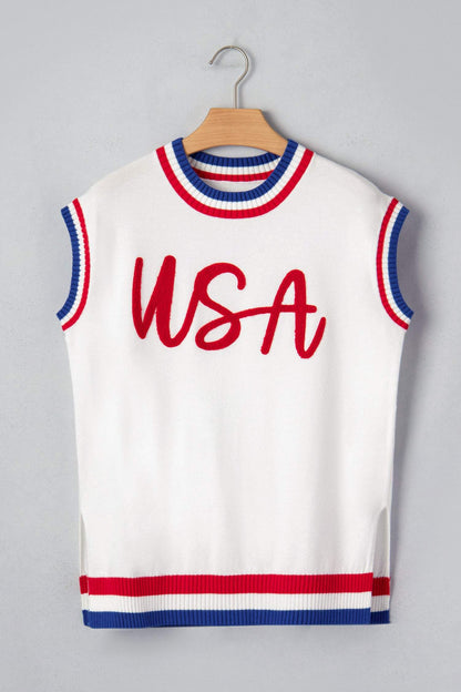 White USA Contrast Striped Trim Round Neck Short Sleeve Sweater
