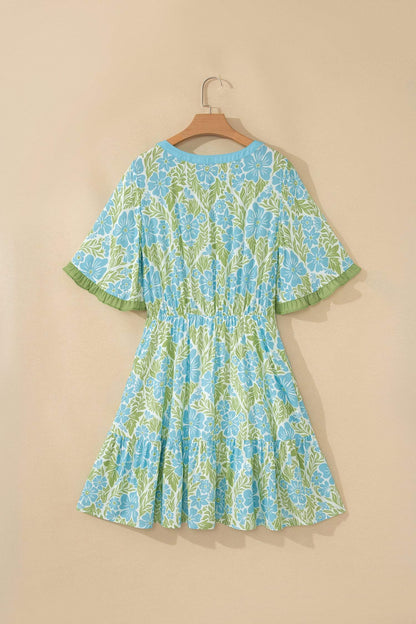 Sky Blue Floral Print High Waist Ruffle Short Sleeve Mini Dress