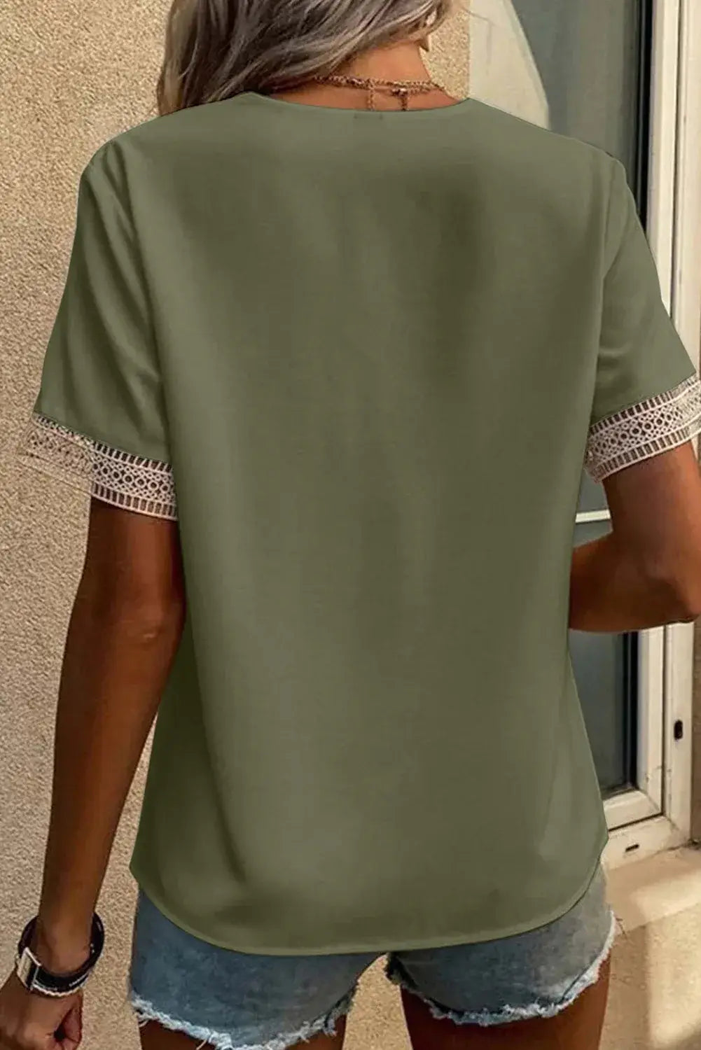 Green Lace Trim V Neck Short Sleeve Blouse - Sweet Fashion Wholesale