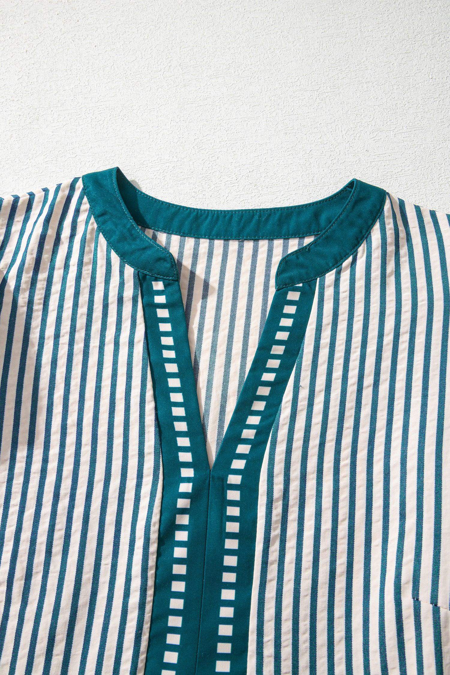 Green Stripe Double Ruffled Short Sleeve Contrast Trim V Neck Midi Dress - Sweet Fashion Wholesale