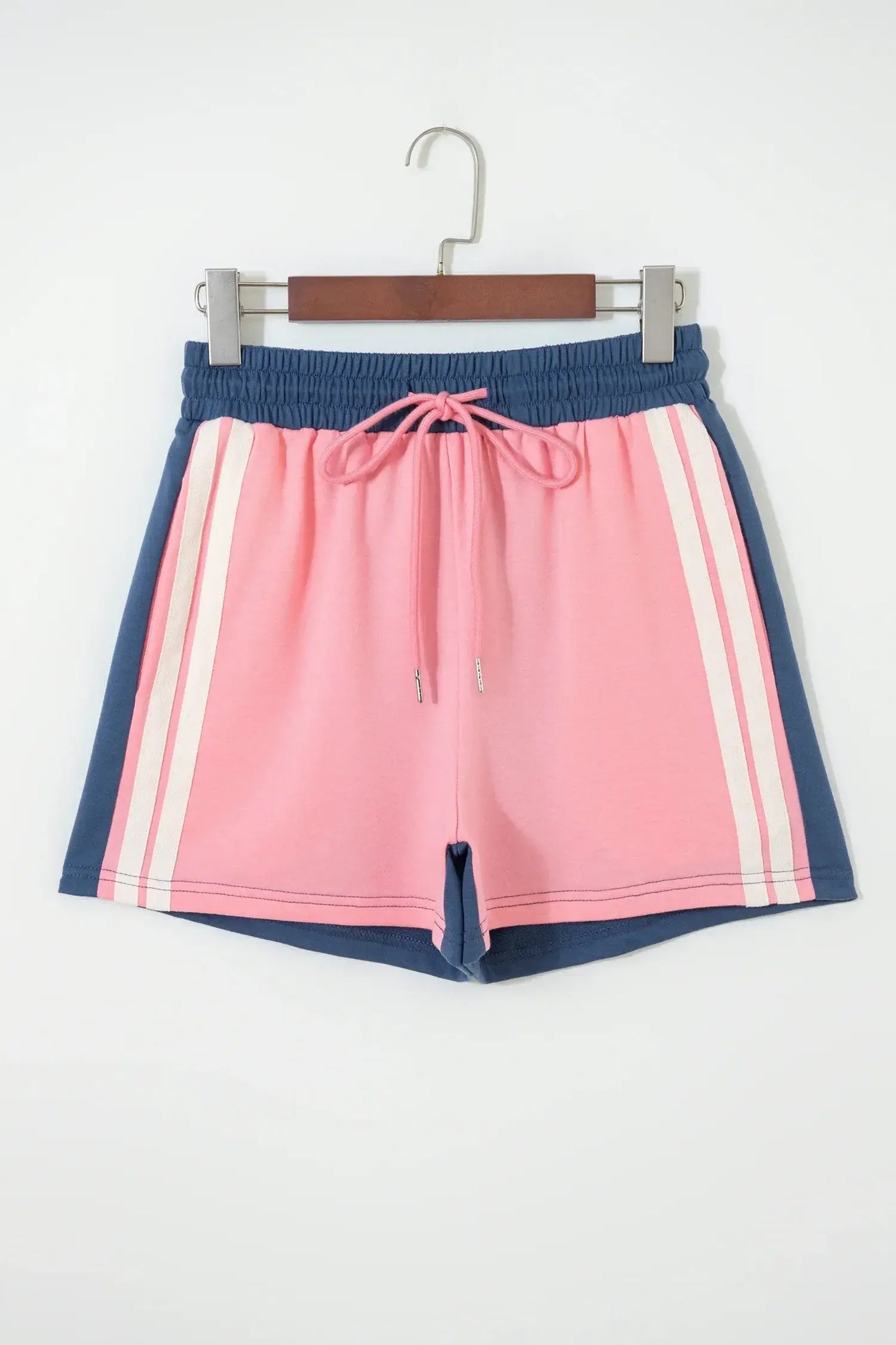 Pink Color Block Patchwork Varsity Striped Detail Drawstring Elastic Waist Shorts - Sweet Fashion Wholesale