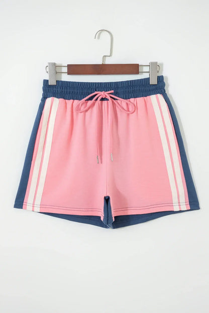 Pink Color Block Patchwork Varsity Striped Detail Drawstring Elastic Waist Shorts - Sweet Fashion Wholesale