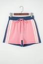 Pink Color Block Patchwork Varsity Striped Detail Drawstring Elastic Waist Shorts - Sweet Fashion Wholesale