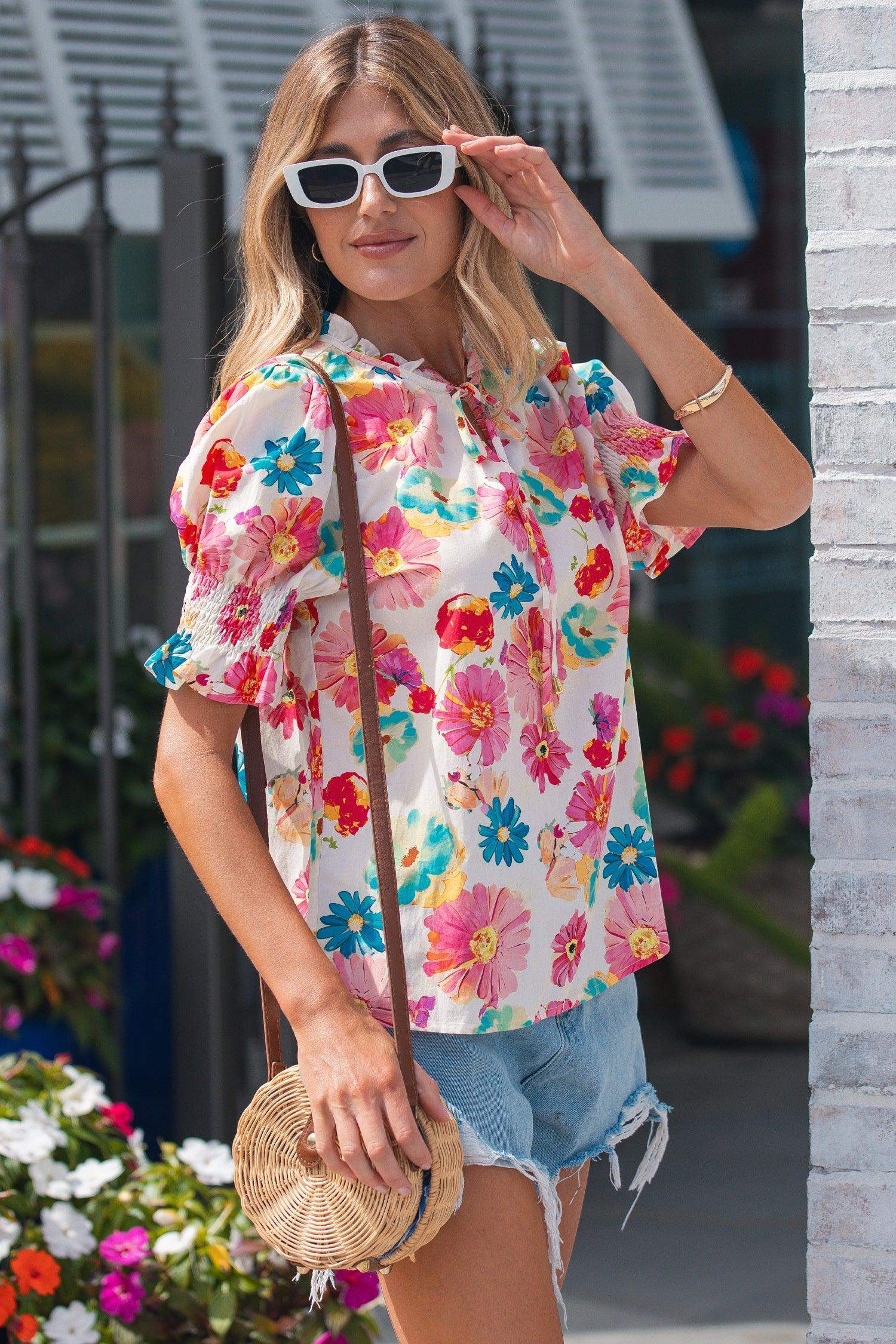 Beige Vibrant Summer Floral Tie V Neck Short Puff Sleeve Blouse - Sweet Fashion Wholesale