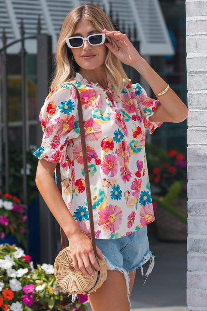 Beige Vibrant Summer Floral Tie V Neck Short Puff Sleeve Blouse - Sweet Fashion Wholesale