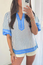 Sky Blue Stripe Color Block Detail V Neck Short Sleeve Blouse