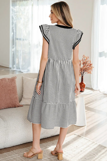 Green Stripe Double Ruffled Short Sleeve Contrast Trim V Neck Midi Dress - Sweet Fashion Wholesale