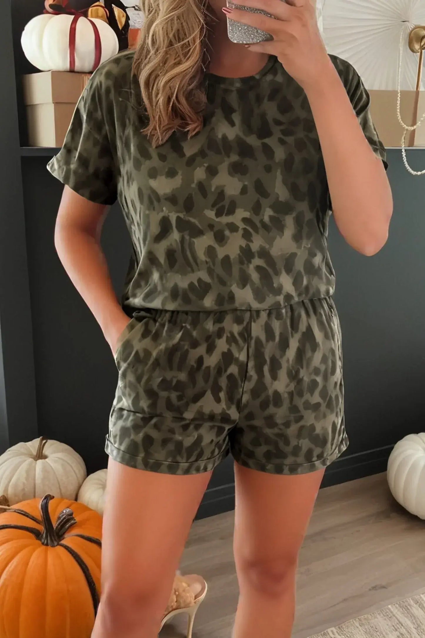Brown Leopard Print Crew Neck Short Set - Sweet Fashion Wholesale