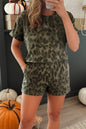 Brown Leopard Print Crew Neck Short Set - Sweet Fashion Wholesale