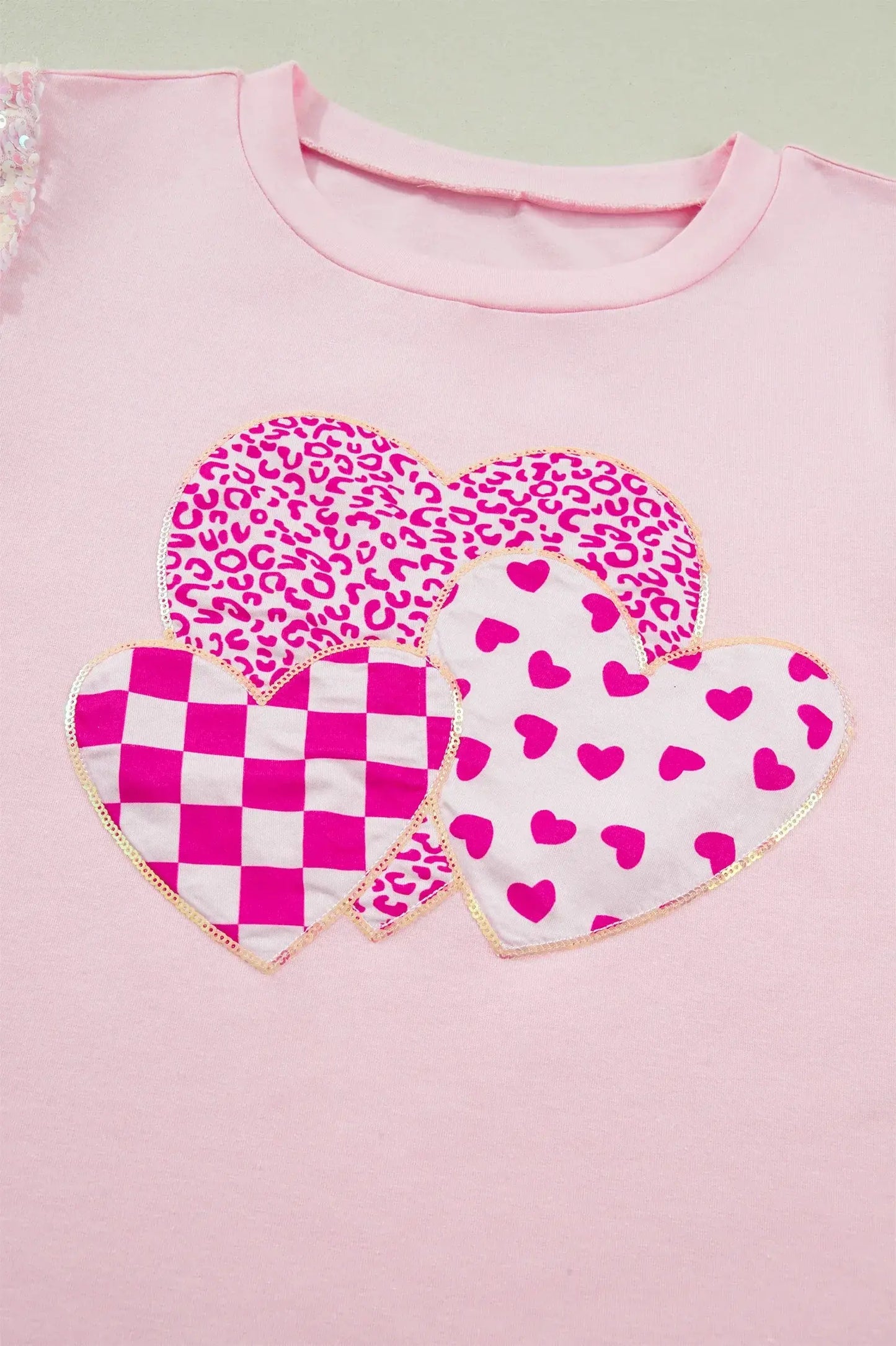Light Pink Three Sweet Hearts Printed Sequin Trim Contrast Sleeve Patchwork Tee - Sweet Fashion Wholesale